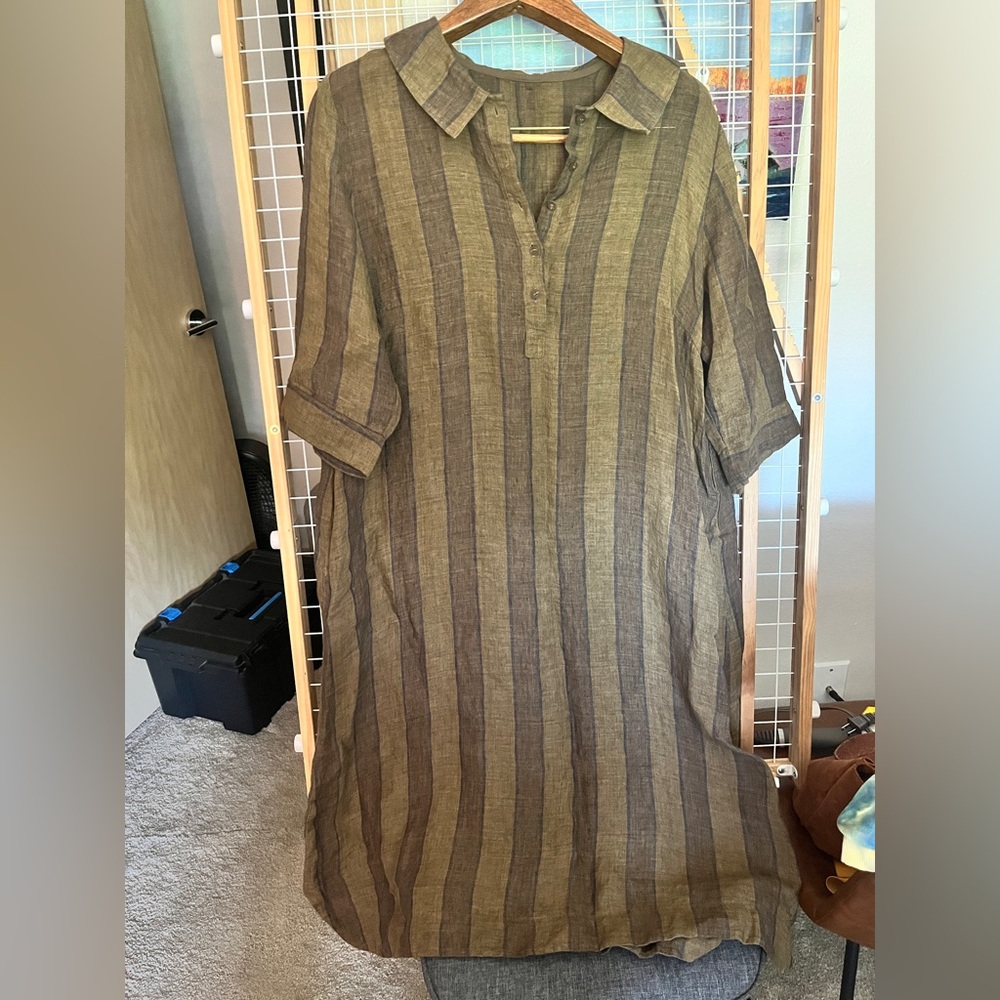 100% linen Brown and green midi dress size M-L